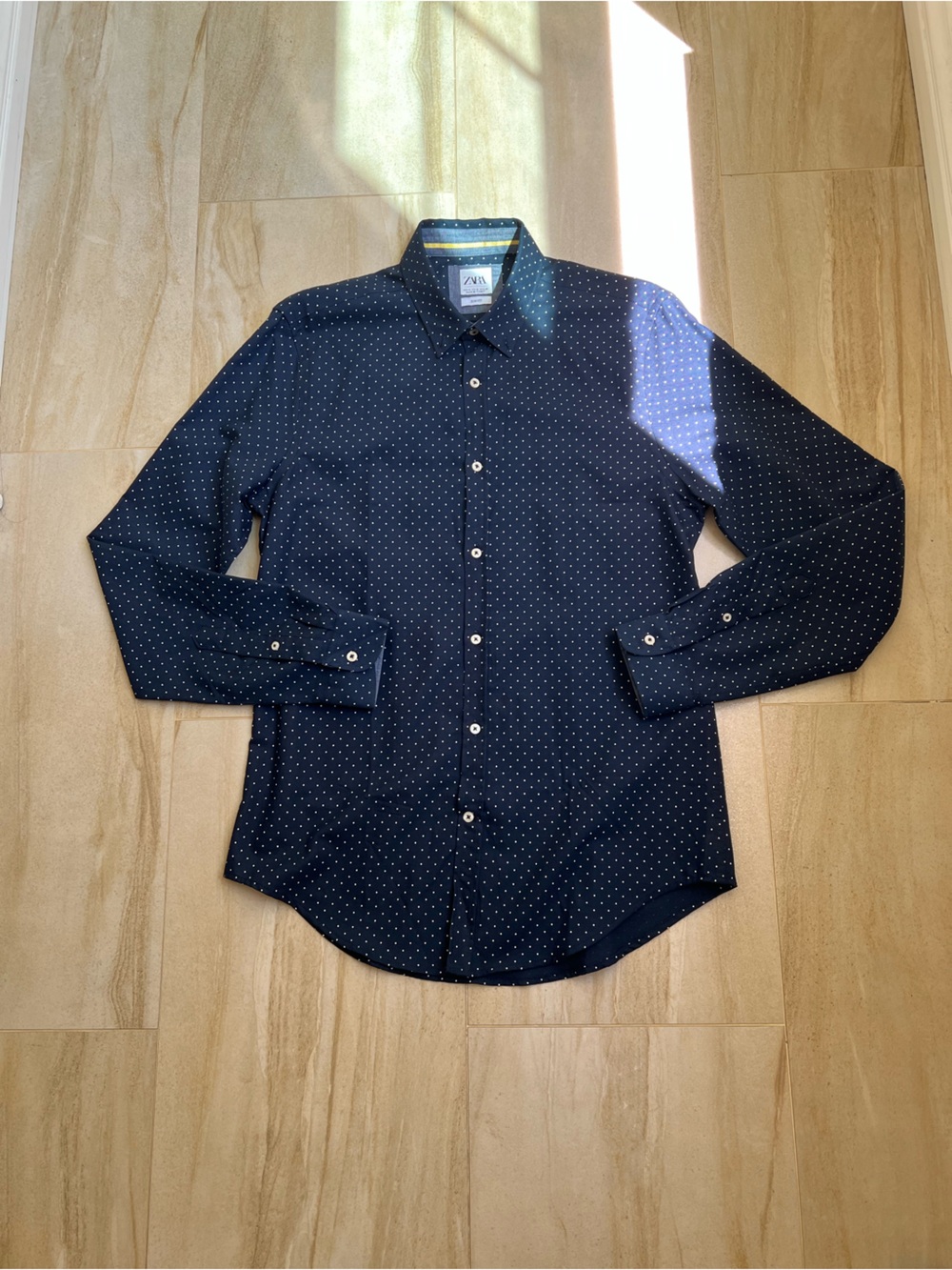 Zara Men's Navy Blue Microdot Long Sleeve Shirt